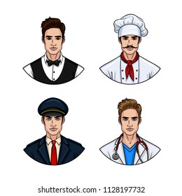 Vector cartoon style set of handsome young man wearing uniform. Cartoon style avatar for chef, pilot, waiter and doctor. Faces of guys different professions