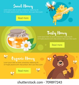 Vector cartoon style set of honey banners template. Flyer for business promote and advertisement.