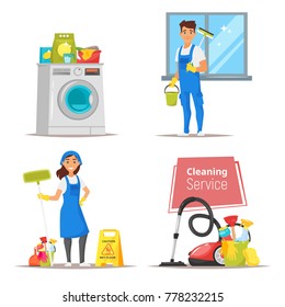 Vector cartoon style set of illustrations or banners with stuff and cleaning service characters. Household concept.