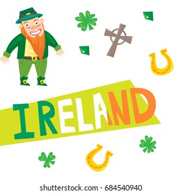 Vector cartoon style set of Irish symbols: leprechaun, Irish elf, gold horse shoe - symbol of luck, Celtic stone cross, green clover and emeralds. Isolated n white background