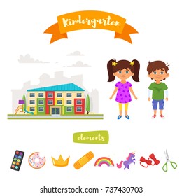 Vector cartoon style set of kindergarten icons: building and characters cute boy an girl isolated on white background