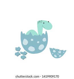 Vector cartoon style set of little dino hatched from egg. Isolated on white background.