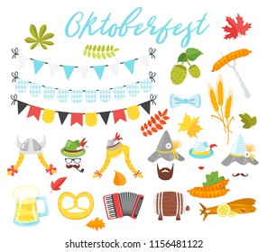Vector cartoon style set oа Oktoberfest holiday symbols and icons. Isolated on white background.