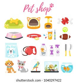 Vector cartoon style set of pet shop icons; animals, accessories and healthcare items. Isolated on white background.