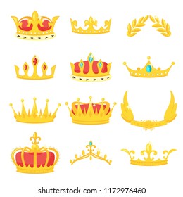 Vector cartoon style set of royal crowns. Decoration item for your selfie photo and video chat filter. Isolated on white background. 