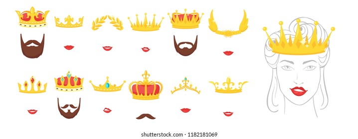 Vector cartoon style set of royal crown, beards and lips face element or carnival mask. Decoration item for your selfie photo and video chat filter. Isolated on white background. 