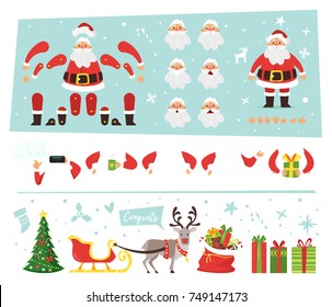 Vector Cartoon Style Set Santa Claus For Animation With Christmas And New Year Symbols. Constructor Of Character. Different Emotions And Hands Positions. Isolated On White Background.