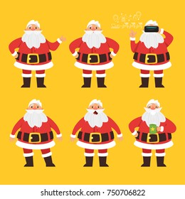 Vector cartoon style set of Santa Claus. Different emotions and hands positions. Isolated on yellow background.