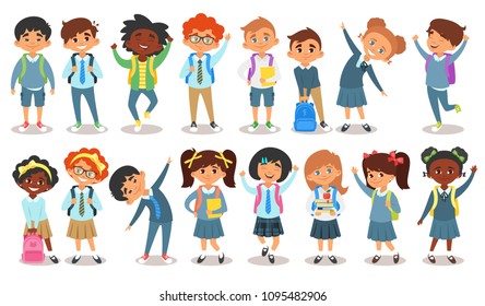 Vector cartoon style set of school children of different nationalities. Isolated on white background.
