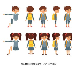 Vector Cartoon Style Set Of School Boy And Girl For Animation. Isolated On White Background.