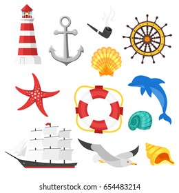 Vector cartoon style set of sea objects. Icon for web. Isolated on white background.