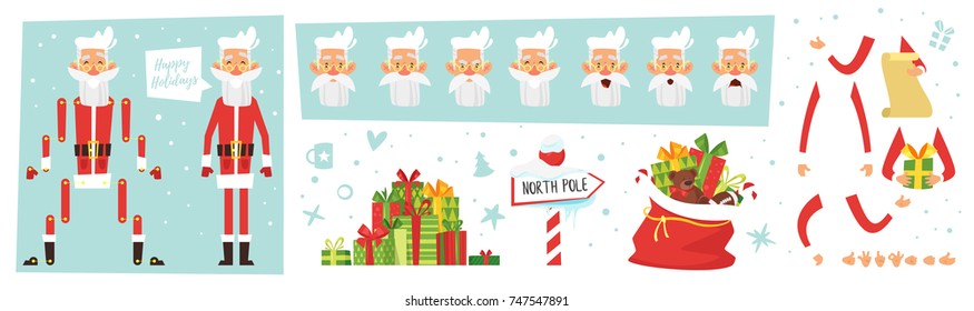 Vector cartoon style set skinny Santa Claus for animation with Christmas and New Year symbols. Constructor of character. Different emotions and hands positions. Isolated on white background.