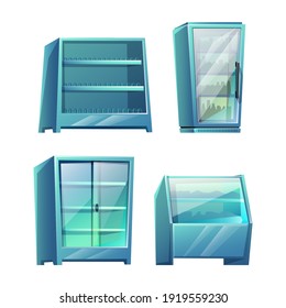 Vector cartoon style set of supermarket storage shelves. Isolated on white background.