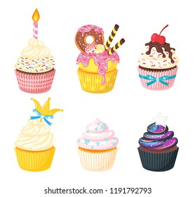 Vector cartoon style set of sweet cupcakes. Muffin isolated on white background. Yummy dessert decorated with candle, stars, cherry and doughnut.