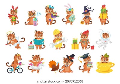 Vector cartoon style set of tiger characters isolated on white background.