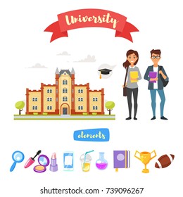 Vector cartoon style set of university icon, building and characters cute boy an girl isolated on white background