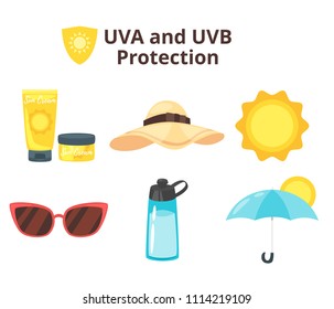 Vector cartoon style set of uv protection icons: cream, hat and sun glasses. Isolated on white background.