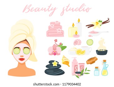Vector cartoon style set of wellness icons. Woman avatar getting spa treatment with mask on face. Healthy lifestyle.