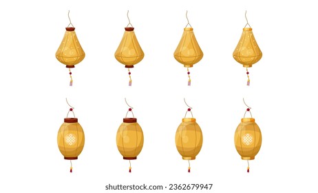 Vector cartoon style set of yellow Chinese lanterns with and without ornaments. Element of Chinese New Year, Mid-Autumn Festival and Lantern festival. Isolated elements or compositions and cards