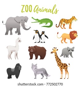 Vector Cartoon Style Set Of Zoo Animals Isolated On White Background.