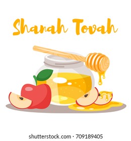 Vector cartoon style Shanah Tovah greeting card template with honey glass jar and apples.