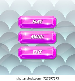 Vector cartoon style shiny gemstone buttons with text for game design on neutral abstract background illustration