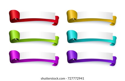 vector cartoon style silk elegant colored ribbons with papers and free space for your text. Ready to use banner , poster template design set. Isolated illustration on a white background.