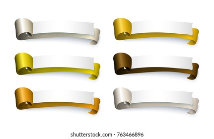 vector cartoon style silk elegant colored ribbons with papers and free space for your text. Ready to use banner , poster template design set. Isolated illustration on a white background.