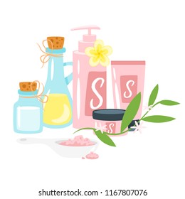 Vector cartoon style spa and wellness  elements and signs. Template for organic cosmetics store and beauty salon. Health care icons.