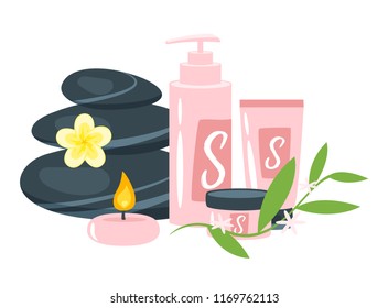 Vector cartoon style spa and wellness  elements and signs. Template for organic cosmetics store and beauty salon. Health care icons.