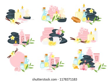 Vector cartoon style spa and wellness  elements. Template for organic cosmetics store and beauty salon logos and labels. Healthy lifestyle. 