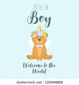 Vector cartoon style square illustration of Baby shower invitation. Baby boy celebration greeting card template. Brown teddy bear with flower wreath and golden crown on pink polka dot background.
