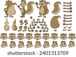 Vector cartoon style squirrel character for animation. Different emotions, gestures and poses. Isolated vector illustration.