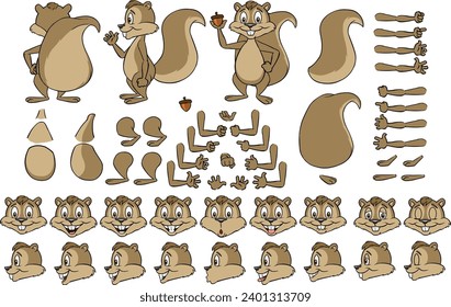 Vector cartoon style squirrel character for animation. Different emotions, gestures and poses. Isolated vector illustration.