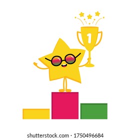 Vektor Cartoon Stil Star Charakter feiert den ersten Platz zu gewinnen, stehend auf dem Podest und halten Herausforderung Tasse, Trophäe in der Hand.