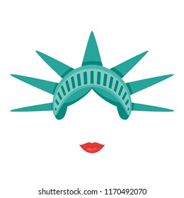 Vector cartoon style statue of liberty face element or carnival mask - headdress and lips. Decoration item for your selfie photo and video chat filter. American symbols. Isolated on white background. 