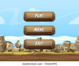 Vector cartoon style stone buttons with text for game design on rocks and sky background. Template menu design for app game illustration