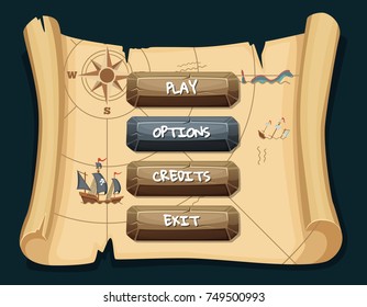 Vector cartoon style stone enabled and disabled buttons with text for game design on treasure map scroll background. Illustration of interface pirate game button