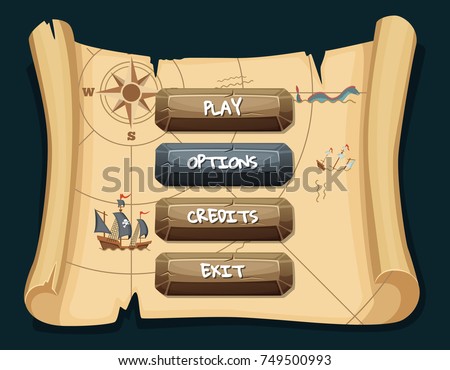 Vector cartoon style stone enabled and disabled buttons with text for game design on treasure map scroll background. Illustration of interface pirate game button