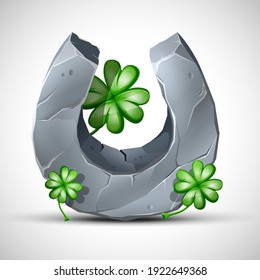 Vector cartoon style stone horseshoe and clover decorative element. Isolated on white background.