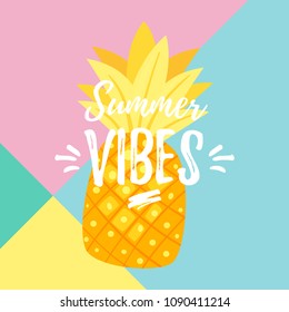 Vector cartoon style summer design for season postcard or poster background with yellow pineapple. Geometrical background.