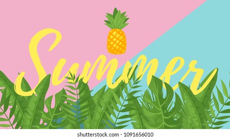 Vector cartoon style summer design for season postcard or poster with tropical leaves and pineapple. Geometrical background.