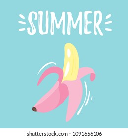Vector cartoon style summer design for season postcard or poster background with pink banana on blue background.