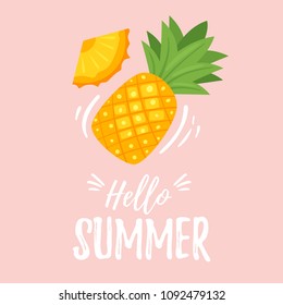 Vector cartoon style summer design for season postcard or poster background with pineapple on pink background.