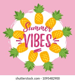 Vector cartoon style summer design for season postcard or poster background with pineapples. Round composition, white circle on pink.