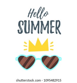 Vector cartoon style summer design for season postcard or poster background with heart shaped blue sunglasses and golden crown on the top of it. White background.