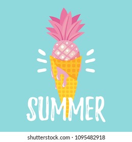 Vector cartoon style summer design for season postcard or poster background with pink pineapple in ice cream cone.