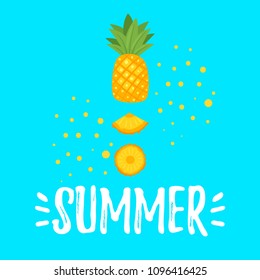 Vector cartoon style summer design for season postcard or poster background with whole pineapple and its slices. Blue vibrant background.