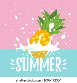 Vector cartoon style summer design for season postcard or poster background with pineapple falling into the water and making splash.