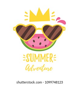 Vector cartoon style summer design for season postcard or poster background with watermelon slice, heart shaped glasses and golden crown. White background.
